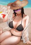  1girl ball bangs beach beachball bikini black_bikini breasts cleavage hat highres lynus naoko-san navel original sunglasses swimsuit thighs water 