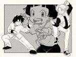  1girl 2boys absurdres bowl_cut child chinese_clothes clenched_hand commentary dragon_ball dragon_ball_super dragon_ball_super_super_hero english_commentary female_child fighting_stance fingerless_gloves frown gloves greyscale highres monochrome multiple_boys open_mouth pan_(dragon_ball) pink_mousse shoes short_hair smile sneakers son_goten standing standing_on_one_leg trunks_(dragon_ball) vest 