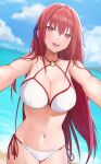  1girl absurdres bangs bare_shoulders beach bikini blue_sky blush breasts cleavage collarbone commission highres large_breasts long_hair looking_at_viewer navel ocean open_mouth original pixiv_commission red_eyes red_hair sky smile solo swimsuit white_bikini yamabuki0 