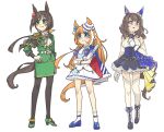  3girls adapted_costume akikawa_yayoi_(umamusume) animal_ears ascot belt black_footwear black_pantyhose black_skirt blue_cape blue_eyes blue_flower blue_footwear blue_rose boots brown_eyes brown_hair cape commentary dress ear_covers ears_through_headwear epaulettes flower folding_fan frilled_skirt frills full_body gloves gold_trim green_eyes green_footwear green_jacket hair_flower hair_ornament hair_ribbon hand_fan hayakawa_tazuna high_heels highres holding holding_fan horse_ears horse_girl jacket koppe_(sbbtpp64) light_hello_(umamusume) long_hair looking_to_the_side mary_janes multicolored_hair multiple_girls orange_hair pantyhose ribbon rose shoes simple_background single_epaulette skirt sleeveless sleeveless_dress smile socks streaked_hair thighhighs tilted_headwear two-tone_hair umamusume white_ascot white_background white_belt white_gloves white_hair white_socks white_thighhighs yellow_ribbon 