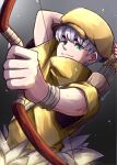  1boy arrow_(projectile) bow_(weapon) dr._stone drawing_bow green_eyes grey_background highres holding holding_bow_(weapon) holding_weapon light_particles male_focus quiver saionji_ukyou short_sleeves signature smile solo thick_eyebrows tonari weapon white_hair wristband yellow_headwear 