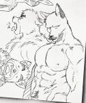  2boys abs animal_ears bara billy_russell_(dickfish) chibi chibi_inset claw_pose dickfish_(fishismdick) dog_boy dog_ears facial_hair fox_boy fox_ears furrification furry furry_male glasses highres john_rottweil_(dickfish) large_pectorals male_focus mature_male multiple_boys muscular muscular_male mustache navel navel_hair nipples original pectorals scan scar scar_on_stomach short_hair sideburns sketch stomach thick_eyebrows tongue tongue_out topless_male traditional_media yawning 
