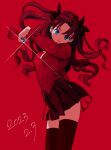 1girl bangs black_hair black_ribbon black_skirt black_thighhighs blue_eyes cowboy_shot dated fate/stay_night fate_(series) floating_hair glint hair_ribbon highres hirose3y holding long_hair long_sleeves looking_at_viewer parted_lips pleated_skirt red_background red_shirt red_theme ribbon shirt simple_background skirt solo thighhighs tohsaka_rin 