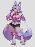  absurd_res canid canine clothing female fennec fox hair hi_res k9onion legwear mammal mesh_clothing piercing purple_hair red_eyes simple_background solo tail thigh_highs tongue tongue_piercing 