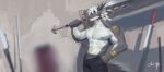  abs absurd_res anthro awaldkize blue_eyes bottomwear clothed clothing dragon grey_body grey_bottomwear grey_clothing grey_nipples grey_pants hair hi_res holding_object holding_sword holding_weapon male markings melee_weapon messy_hair mouth_closed muscular muscular_anthro muscular_male narrowed_eyes navel nipples pants pecs portrait short_hair signature simple_background solo standing sword three-quarter_portrait topless weapon white_body white_hair yellow_markings 