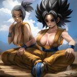  2girls absurdres areola_slip big_hair black_eyes black_hair blue_footwear blue_sash blue_sky breasts breasts_apart butterfly_sitting caulifla cleavage cloud collarbone dougi dragon_ball dragon_ball_super earrings elite_nappa finger_to_cheek hanging_breasts highres index_finger_raised jewelry kale_(dragon_ball) large_breasts multiple_girls no_bra outdoors ponytail sash seiza sitting sky spiked_hair wristband 