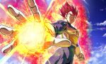  1boy aiming armor aura clenched_hand cloud commentary_request dragon_ball dragon_ball_super dragon_ball_super_broly foreshortening frown gloves highres male_focus muscular muscular_male red_eyes red_hair sekitsuki_hayato serious sky solo super_saiyan super_saiyan_god vegeta white_gloves 