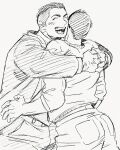  2boys alternate_costume ass bara billy_russell_(dickfish) blush casual couple denim dickfish_(fishismdick) facial_hair glasses happy highres hug jeans john_rottweil_(dickfish) male_focus multiple_boys muscular muscular_male mustache original pants short_hair sideburns sketch smile thick_eyebrows traditional_media undercut yaoi 