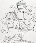  2boys abs arm_hair bara billy_russell_(dickfish) blush bulge couple crotch_grab denim dickfish_(fishismdick) facial_hair feet_out_of_frame glasses heart highres jeans john_rottweil_(dickfish) large_pectorals male_focus mature_male multiple_boys muscular muscular_male mustache navel navel_hair nipples original pants pectorals scan scar short_hair sketch spread_legs stomach thick_eyebrows thick_thighs thighs topless_male traditional_media translation_request wide-eyed yaoi 