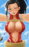  &gt;_&lt; 1girl :d bangs bare_shoulders black_hair bodysuit boku_no_hero_academia breasts center_opening cleavage commentary_request hair_pulled_back highres kotegawadojin large_breasts long_hair looking_at_viewer midriff navel one_eye_closed smile xd yaoyorozu_momo 