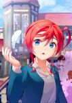  1girl absurdres bangs blue_eyes blue_jacket blurry blurry_background feathers floating floating_object hair_between_eyes hair_bun hand_up highres jacket love_live! love_live!_superstar!! open_clothes open_jacket red_hair school_uniform shirt solo upper_body white_feathers white_shirt yoneme_mei yuigaoka_school_uniform zbk_nashi 
