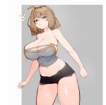  1girl :&lt; ahoge anis_(nikke) bare_arms bare_shoulders black_pants black_shorts blush bouncing_breasts breasts brown_eyes brown_hair cleavage closed_mouth crop_top goddess_of_victory:_nikke grey_background large_breasts looking_at_viewer midriff navel pants short_hair short_shorts shorts sleeveless solo thighs tilt-shift_(azalanz) two-tone_background white_background 