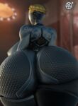  2023 3d_(artwork) absurd_res android atomic_heart big_breasts big_butt blonde_hair braided_hair breasts butt butt_focus clothing digital_media_(artwork) female feversfm grey_body hair hi_res huge_breasts huge_butt humanoid legwear machine nipples not_furry rear_view robot signature solo the_twins_(atomic_heart) thigh_highs 