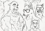  2boys abs animal_ears bara billy_russell_(dickfish) cropped_torso dickfish_(fishismdick) dog_boy dog_ears ears_down expressions facial_hair fang fang_out fluffy furrification furry furry_male glasses highres john_rottweil_(dickfish) large_pectorals male_focus mature_male multiple_boys muscular muscular_male mustache nipples nude original pectorals scan sharp_teeth short_hair sideburns sketch smile stomach teeth thick_eyebrows traditional_media translation_request upper_body 