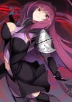  1girl armor bodysuit breasts fate/grand_order fate_(series) gae_bolg_(fate) hair_intakes highres large_breasts leotard long_hair pauldrons polearm purple_bodysuit purple_hair purple_leotard red_eyes reibun_(raven1119) scathach_(fate) shoulder_armor smile solo spear torn_bodysuit torn_clothes very_long_hair weapon 
