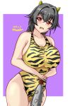  animal_print black_hair border breasts club_(weapon) competition_swimsuit dated hair_flaps hair_ornament hairclip highres horns impossible_clothes impossible_swimsuit jingei_(kancolle) kanabou kantai_collection large_breasts long_hair low_ponytail montemasa one-hour_drawing_challenge one-piece_swimsuit oni_costume oni_horns purple_background red_eyes setsubun spiked_club swimsuit tiger_print twitter_username weapon white_border 