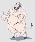  anthro beard belly beverage beverage_can bovid bovine cattle clothed clothing eyebrows facial_hair food fur hair hi_res horn juicestandmango male mammal moobs open_mouth overweight overweight_male simple_background sketch solo tail 