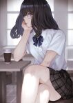  1girl black_hair blue_bow blue_eyes bow cafe coffee_cup crossed_legs cup disposable_cup elbow_rest glasses hand_on_own_face head_rest highres indoors kaoming kurokawa_tamaki looking_at_viewer looking_to_the_side medium_hair medium_skirt original pale_skin parted_lips pleated_skirt shirt shirt_tucked_in sitting skirt solo table white_shirt window 