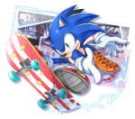  1boy :d animal_nose chili_dog food furry furry_male gloves green_eyes highres hot_dog male_focus r131q red_footwear shoes skateboard skateboarding smile solo sonic_(series) sonic_the_hedgehog white_gloves 