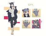  ! !! 1girl absurdres akechi_(826988799) animal_ear_headwear animal_ears animification beanie bear_ears black_footwear black_hair black_jacket black_pants boots brown_eyes character_name chibi chinese_commentary claw_pose exy_(wjsn) food food_on_head fruit_on_head full_body grey_headwear grey_shirt hat highres holding holding_phone jacket k-pop kemonomimi_mode long_hair multiple_views object_on_head off_shoulder open_mouth pants phone real_life shirt wjsn 