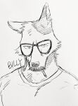  1boy animal_ears bara billy_russell_(dickfish) cigarette cropped_torso dickfish_(fishismdick) dog_boy dog_ears facial_hair furrification furry furry_male glasses highres large_pectorals looking_at_viewer male_focus mature_male muscular muscular_male mustache original pectorals scan sketch solo traditional_media 