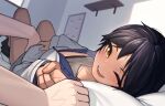  1girl ;d black_hair breasts cleavage fingering hetero highres holding_hands indoors looking_at_viewer lying mitsukuni on_back on_bed one_eye_closed original pillow shelf shorts shorts_around_one_leg smile sweatdrop tan tomboy zipper 
