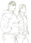  2boys alternate_costume backwards_hat bara baseball_cap casual character_request collared_jacket dickfish_(fishismdick) from_side hat highres hood hoodie john_rottweil_(dickfish) looking_at_another male_focus multiple_boys muscular muscular_male original pectorals scan short_hair sideburns sketch talking thick_eyebrows traditional_media walking 