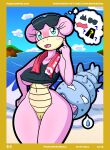  anthro beach blue_eyes blush bodily_fluids bottomless bra breasts clothed clothing exhibitionism eyewear female forgetting generation_1_pokemon genital_fluids genitals glasses hi_res invalid_tag lunaris_parukia mostly_nude nintendo nipples nipples_visible_through_clothing pink_body pink_skin pokemon pokemon_(species) pokemorph pussy pussy_juice scarf seaside slowbro solo thought_bubble underwear 