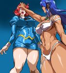  2girls absurdres agent_aika aika_(series) ascot ass ass_visible_through_thighs attack bare_arms bare_legs bare_shoulders bikini black_ascot blue_delmo blue_delmo_leader blue_hair blue_jacket blue_skirt breasts commentary_request covered_nipples dark-skinned_female dark_skin defeat delmogeny_uniform highres jacket juliet_sleeves long_sleeves mamesi_(suhk8583) medium_breasts multiple_girls open_mouth pencil_skirt puffy_sleeves shivie_aika skirt sumeragi_aika swimsuit transformation 
