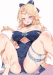  1girl absurdres armpit_crease au_ra avatar_(ff14) bangs belt belt_buckle beltbra blonde_hair blue_belt blue_choker blue_dress blue_eyes blush breasts buckle cameltoe chain choker cleavage clothing_cutout covered_navel deep_skin dragon_girl dragon_horns dragon_tail dress feet_out_of_frame final_fantasy final_fantasy_xiv grabbing_own_thigh hair_ribbon hand_on_another&#039;s_thigh highres horns impossible_clothes impossible_dress jewelry large_breasts leg_belt long_hair looking_at_viewer multiple_belts o-ring open_mouth out_of_character pussy_juice ribbon scales simple_background sitting skindentation solo spread_legs star_ornament tail underboob underboob_cutout white_background white_belt zhazhapao 