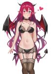  1girl :p absurdres aqua_eyes bangs black_panties black_thighhighs blush bow bra breast_suppress breasts cowboy_shot demon_tail demon_wings garter_straps hair_bow heart heterochromia highres hololive hololive_english irys_(hololive) lace-trimmed_bra lace-trimmed_legwear lace_trim lingerie long_hair looking_at_viewer nail_polish navel panties pointy_ears red_eyes red_hair shift_(shiftillust) shiny_skin simple_background smile solo tail thigh_gap thighhighs tongue tongue_out underwear very_long_hair virtual_youtuber white_background wings 