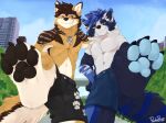  absurd_res ailurid anthro black_bottomwear black_clothing black_pawpads black_shorts blue_body blue_bottomwear blue_clothing blue_eyes blue_fur blue_hair blue_pawpads blue_shorts blue_sky bottomwear brown_body brown_fur brown_hair canid cheek_tuft closed_smile clothed clothing duo facial_tuft feet foot_focus front_view fur hair hi_res jewelry male mammal mouth_closed narrowed_eyes navel neck_tuft necklace orange_eyes outside pache_riggs pawpads plant red_panda shorts shoulder_tuft shrub signature sky standing topless tuft white_body white_fur 