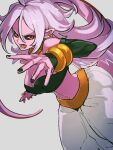  1girl android_21 black_sclera colored_sclera colored_skin dragon_ball dragon_ball_fighterz grey_background kemachiku looking_at_viewer majin_android_21 pink_skin pointy_ears red_eyes simple_background solo tail 