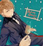  1boy aqua_eyes black_jacket black_pants black_shirt blonde_hair blue_background braid closed_mouth cocktail_glass copyright_name cup drinking_glass formal highres jacket liany_(liany127) long_sleeves male_focus necktie nicola_francesa one_eye_closed pants piofiore_no_bansho shirt short_hair smile solo suit white_necktie 