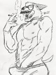  1boy abs bara billy_russell_(dickfish) bulge cigarette dickfish_(fishismdick) dog_boy erection erection_under_clothes facial_hair from_below furrification furry furry_male glasses hand_under_clothes highres holding holding_cigarette large_pectorals licking_lips looking_to_the_side male_focus mature_male muscular muscular_male mustache navel navel_hair nipples original pectorals scan short_hair sideburns sketch small_tail smoke smoking solo stomach tongue tongue_out topless_male traditional_media underwear underwear_only 