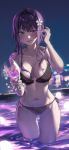  1girl absurdres alternate_costume bangs bare_arms bare_shoulders bikini black_bikini blurry blurry_background blush breasts cleavage collarbone commentary_request cup drink drinking_glass flower genshin_impact glint hair_flower hair_ornament hand_in_own_hair hand_up highres holding holding_cup holding_drink large_breasts mole mole_under_eye navel night night_sky o-ring o-ring_top parted_lips playing_with_own_hair pool purple_eyes purple_hair raiden_shogun side-tie_bikini_bottom sidelocks sky smile solo stomach string_bikini swimsuit thighs wading water wet white_flower wolla 