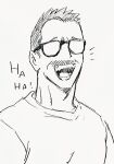  1boy :d bara billy_russell_(dickfish) casual dickfish_(fishismdick) english_text facial_hair glasses highres laughing male_focus mature_male multiple_boys mustache original pectorals portrait scan shirt short_hair sideburns sketch smile solo traditional_media 