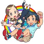  1boy 1girl black_eyes black_hair blue_shirt brown_eyes brown_hair brown_shorts cat clenched_hand commentary_request dress frilled_dress frills hair_ornament hairclip kodomo_yume_kikin low_twintails nishimura_kinu open_mouth polo_shirt rainbow shirt shoes shorts smile sneakers twintails wristband 