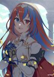  1girl alear_(female)_(fire_emblem) alear_(fire_emblem) bangs blue_eyes blue_hair blush braid breasts crml_orng crossed_bangs crown_braid fire_emblem fire_emblem_engage heterochromia highres long_hair looking_at_viewer multicolored_hair red_eyes red_hair smile solo split-color_hair tiara two-tone_hair very_long_hair 