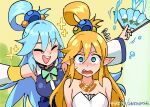  2girls :d alternate_hairstyle aqua_(konosuba) bangs bare_shoulders blush bow bowtie breasts cleavage closed_eyes dress facing_another green_bow green_bowtie green_eyes hair_focus hair_rings happy kono_subarashii_sekai_ni_shukufuku_wo! large_breasts magic multiple_girls outstretched_arms pointy_ears princess_zelda shaded_face smile snegovski sparkle the_legend_of_zelda the_legend_of_zelda:_breath_of_the_wild water white_dress 