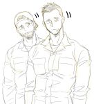  2boys backwards_hat bara baseball_cap beard character_request collared_shirt confused dickfish_(fishismdick) facial_hair hat head_tilt highres looking_at_another male_focus mature_male motion_lines multiple_boys muscular muscular_male original pectorals scan shirt short_hair sideburns sketch stitches stubble traditional_media upper_body 