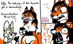  2021 andromorph_(lore) annoyed anthro breasts bulge canid canine comic confusion dated dialogue drjavi duo english_text featureless_breasts featureless_crotch fox genet gynomorph holding_object holding_phone humor intersex male mammal phone question_mark sharp_teeth signature simple_background smile teeth text tusks viverrid white_background 