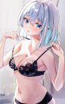  1girl absurdres bangs bare_arms bedroom black_bra black_panties blue_eyes blue_hair blurry blurry_background blush bra bra_pull breasts cleavage clothes_pull collarbone colored_inner_hair commentary crossed_bangs highres indoors long_hair looking_at_viewer medium_breasts multicolored_hair nanashinayuzu_mochi navel open_mouth original panties solo standing two-tone_hair underwear underwear_only upper_body 