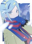  1boy blue_mittens blue_scarf border commentary_request green_eyes green_hair grusha_(pokemon) highres jacket karubolion long_sleeves looking_at_viewer male_focus poke_ball_print pokemon pokemon_(game) pokemon_sv scarf scarf_over_mouth snowing solo striped striped_scarf twitter_username upper_body watermark white_border yellow_jacket 