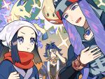  1girl 2boys :t adaman_(pokemon) akari_(pokemon) alternate_color black_hair bracelet clenched_hand closed_mouth commentary_request diamond_clan_outfit eyelashes frown grey_eyes hand_up head_scarf hisuian_electrode jacket jewelry long_hair melli_(pokemon) multiple_boys open_mouth pokemon pokemon_(creature) pokemon_(game) pokemon_legends:_arceus pout purple_hair puteru rapidash scarf shiny_pokemon sidelocks teeth upper_teeth_only white_headwear 