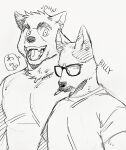  2boys animal_ears bara billy_russell_(dickfish) character_name cigarette couple dickfish_(fishismdick) dog_boy dog_ears facial_hair furrification furry furry_male glasses happy highres john_rottweil_(dickfish) large_pectorals male_focus mature_male multiple_boys muscular muscular_male mustache original pectorals scan shirt sketch smile thick_eyebrows traditional_media translation_request upper_body woof yaoi 