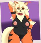  anthro arcanine areola big_breasts black_body breasts collar female generation_1_pokemon genitals green_eyes icebreak23 looking_at_viewer nintendo nipples open_mouth orange_body pokemon pokemon_(species) pokemorph pussy solo tail thick_thighs yellow_body 