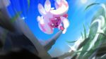 :d absurdres blurry commentary_request day falling_leaves hammer highres holding holding_hammer leaf motion_blur no_humans open_mouth outdoors pokemon pokemon_(creature) sky smile solo th-asary800 tinkaton tongue 