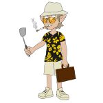  absurd_res briefcase bucket_hat cigarette disney eyewear fear_and_loathing_in_las_vegas floral_pattern floral_print hi_res humanoid hunter_(the_owl_house) hunter_s_thompson kama_and_hallie male simple_background solo sunglasses the_owl_house white_background witch_(the_owl_house) 