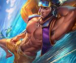  1boy abs absurdres armpit_hair armpits artist_name bandaid bandaid_on_face bandaid_on_nose bara bich_hoan black_hair closed_eyes cloud day facial_hair flip-flops goggles goggles_on_head highres jarvan_iv_(league_of_legends) jewelry large_pectorals league_of_legends lying male_focus male_swimwear muscular muscular_male navel necklace nipples official_alternate_costume on_back outdoors pectorals pool_party_jarvan_iv purple_vest sandals short_hair sky solo vest water yellow_male_swimwear 